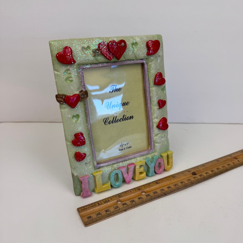 Vtg Tabletop Easleback Picture Frame I Love You Hearts Glitter Textured 3D Color